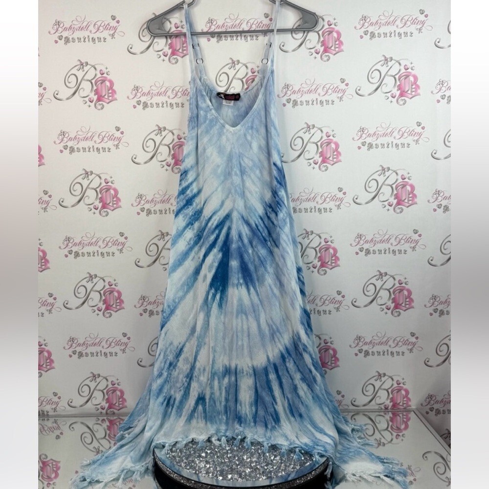Model France dress long maxi tassel bottom details light Blue Tie-Dye Dress